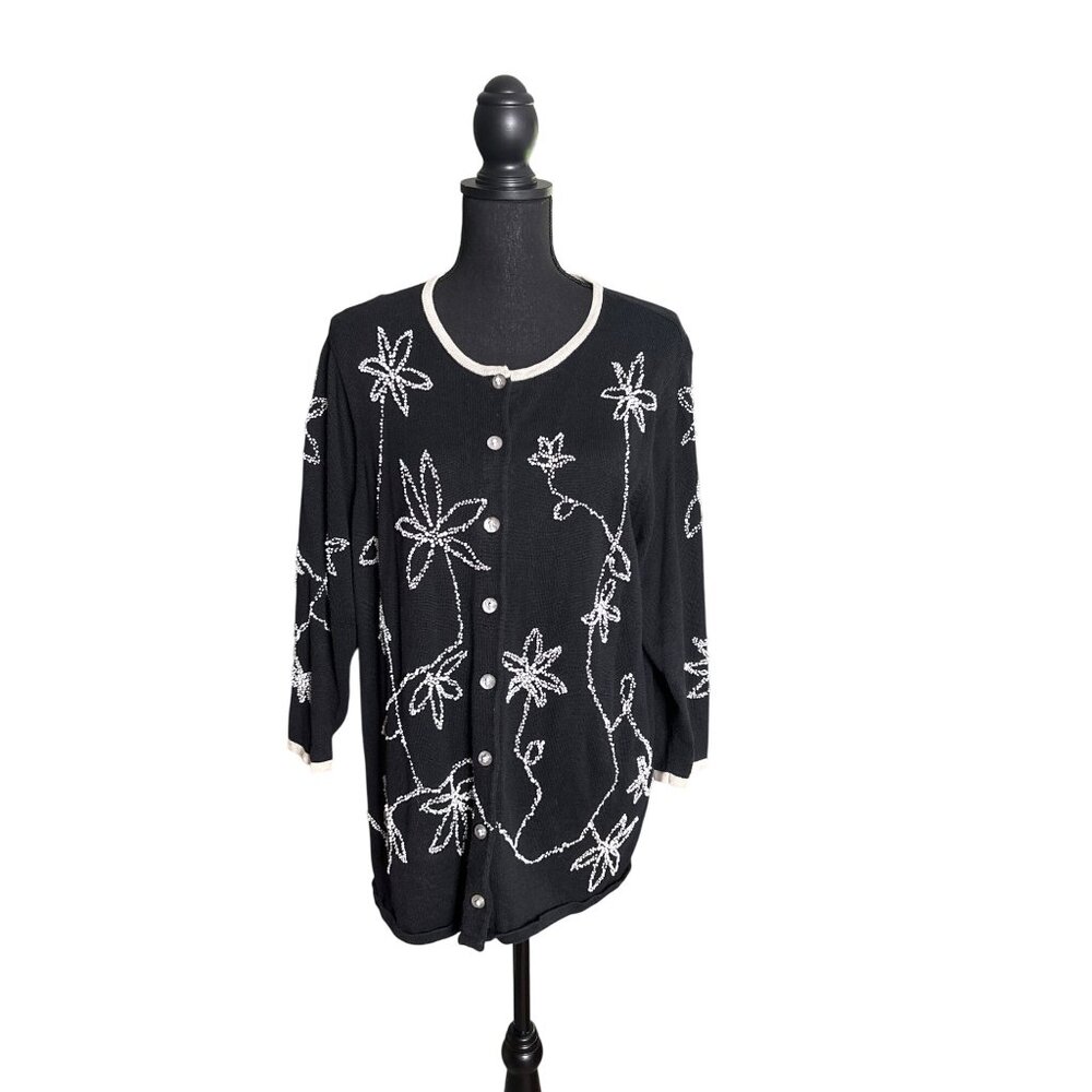 Y2K Susan Bristol Black & White Beaded Cardigan with Shell Buttons 2XL
